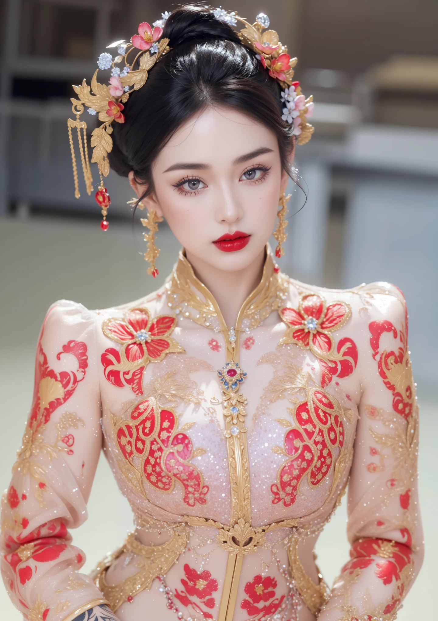 Royal princess,Extremely detailed, Delicate face, Stock Photography , Portrait 400, F1 Camera Lens.6, rich and colorful, Surrealism, Realistic textures, Dramatic Lighting, Thin Film Distiller 800 (8K, original photo, Better quality, masterpiece: 1.2), Extremely detailed, (Extremely delicate skin: 1.2), 8K ultra high definition, SLR camera, Soft Light, high quality.Fire Queen,Blue pupils,Wear red lipstick,Have a tattoo,The tattoo is very three-dimensional,Gorgeous and intricate tattoo designs,Dark eyeshadow,Sexy thick lips(Red lipstick),A billion dollar jewellery