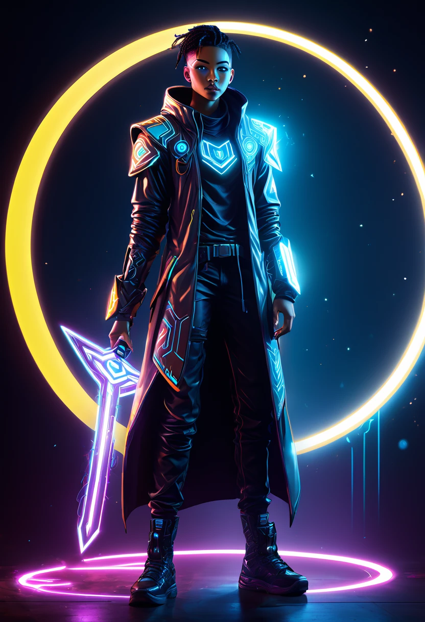 a medium quality digital illustration of a young techno-mage named Usrican, incoming, Gunz N Butter, futuristic, magical, cyberpunk, character design, dynamic pose, neon lights, glowing runes, science fiction, digital art, full body, concept art, dark atmosphere, powerful magic, mysterious, dramatic lighting