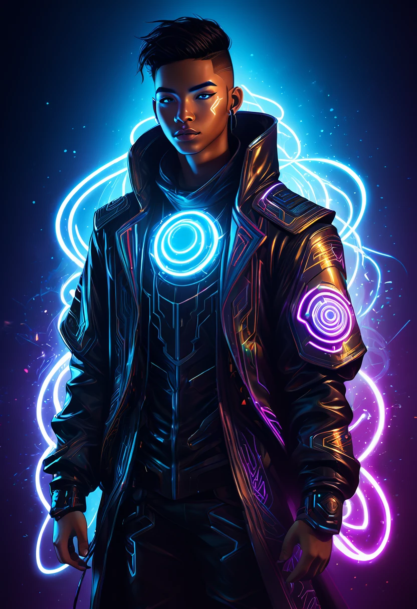 a medium quality digital illustration of a young techno-mage named Usrican, incoming, Gunz N Butter, futuristic, magical, cyberpunk, character design, dynamic pose, neon lights, glowing runes, science fiction, digital art, full body, concept art, dark atmosphere, powerful magic, mysterious, dramatic lighting