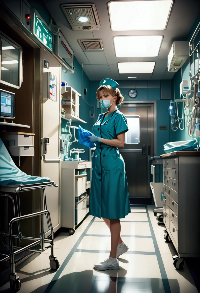 (nurse), stand in the ward with a warm smile and eyes full of care and encouragement. She seems to be a warm light for the patient. The background is the warm ward, full body, award-winning, cinematic still, emotional, vignette, dynamic, vivid, (masterpiece, best quality, photorealistic, Professional, perfect composition, very aesthetic, absurdres, ultra-detailed, intricate details:1.3)