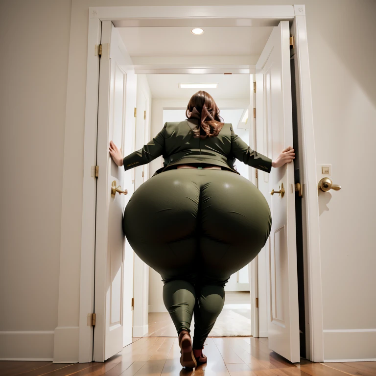 masterpiece, 1girl behind a doorway, from behind, (doorstuck, stuckback:1.3), ssbbw ,huge wide hips, round belly, thick thighs, giant butt,colorful clothing, wearing a olive green suit and tie and formal pants, upset, desperately trying to wiggle through, she tries to free herself but she won't budge, she is stuck tight view from behind, she is too wide, the doorway is quite narrow too, she kicks her legs furiously, trying to wiggle her hips through the small door, but its no good, the door is too small, she keeps trying to squeeze through with frustration, she is stuck too tight