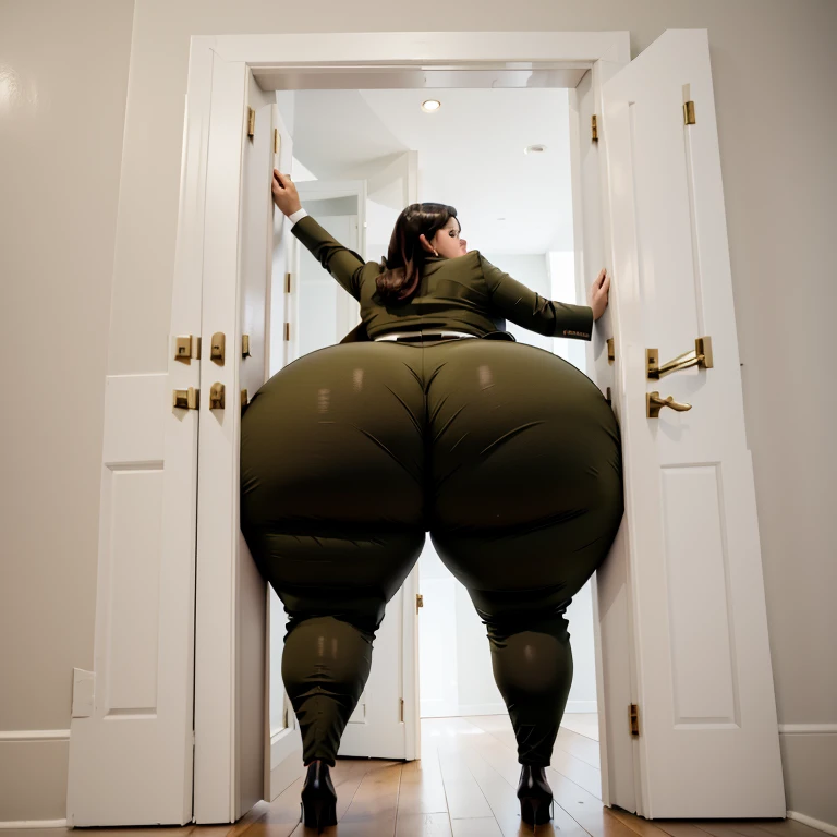 masterpiece, 1girl behind a doorway, from behind, (doorstuck, stuckback:1.3), ssbbw ,huge wide hips, round belly, thick thighs, giant butt,colorful clothing, wearing a olive green suit and tie and formal pants, upset, desperately trying to wiggle through, she tries to free herself but she won't budge, she is stuck tight view from behind, she is too wide, the doorway is quite narrow too, she kicks her legs furiously, trying to wiggle her hips through the small door, but its no good, the door is too small, she keeps trying to squeeze through with frustration, she is stuck too tight