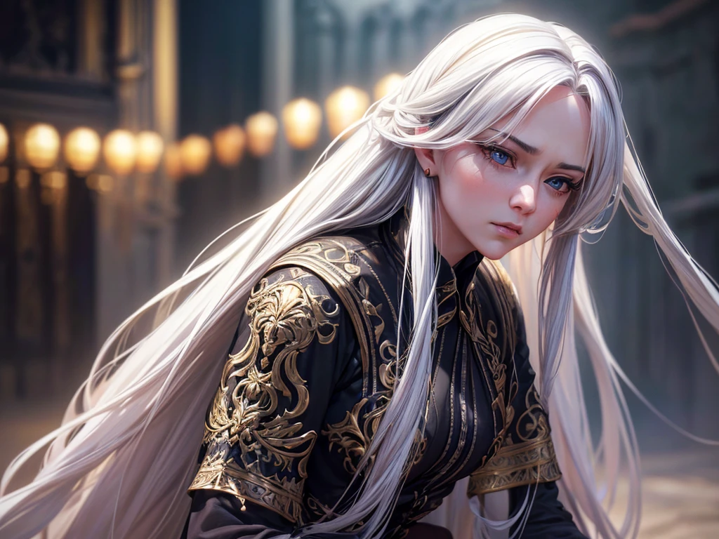 a beautiful woman with long white hair, small breasts, looking directly at the camera, photorealistic, highly detailed, cinematic lighting, dramatic pose, intricate details, elegant, mysterious, (best quality,8k,highres,masterpiece:1.2),ultra-detailed,(realistic,photorealistic,photo-realistic:1.37),elegant portrait,dramatic lighting