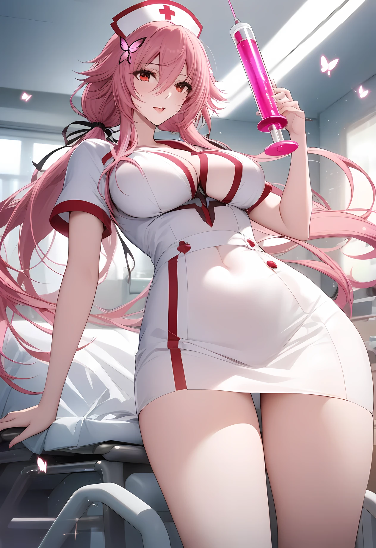 masterpiece, best quality, very aesthetic, absurdres, 1girl, mature_lady,nurse_clothes, nurse_hat,heart,holding a giant syringe,indoors,in hospital,,yuzuriha_inori(guilty_crown), guilty_crown, 1girl, floating_hair, low_twintails, hair_ornament, linea_alba, long_hair, medium_breasts, pink_hair, red_eyes,,luminous butterflies, fluttering butterflies,