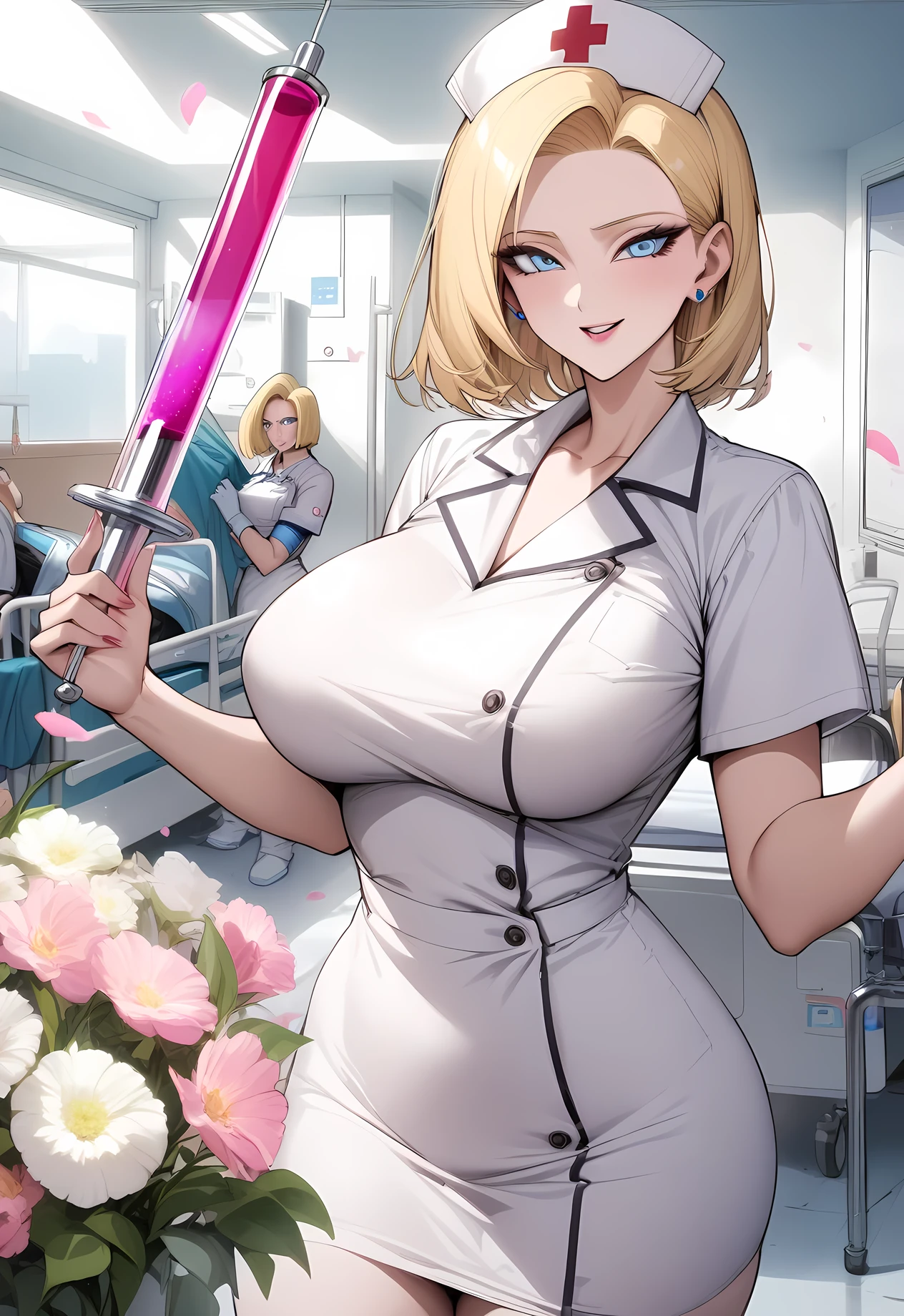 masterpiece, best quality, very aesthetic, absurdres, 1girl, mature_lady,nurse_clothes, nurse_hat,heart,holding a giant syringe,indoors,in hospital,,Android 18(Dragon Ball), short hair,blonde hair, blue eyes,,surrounding by flowers,falling_petals, petals,,