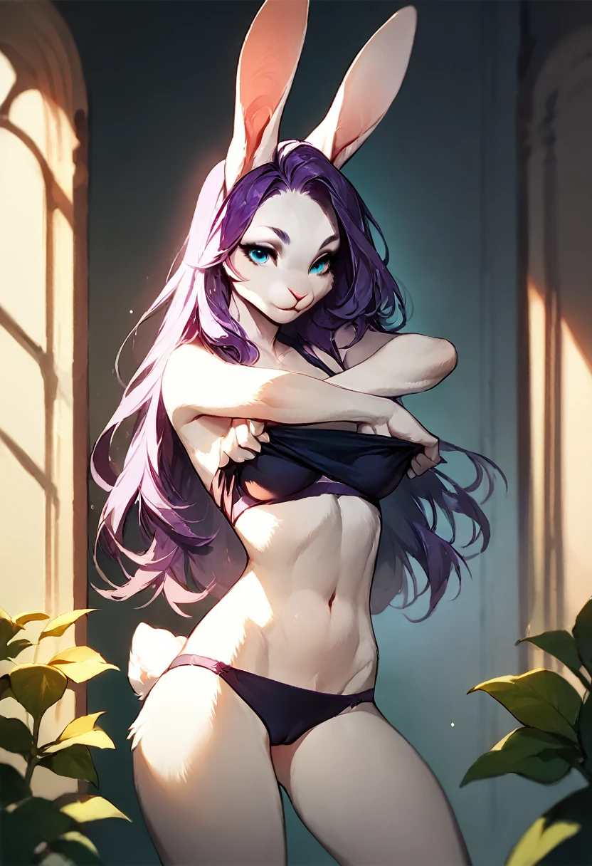 score_9, score_8_up, score_7_up, score_6_up, score_5_up, score_4_up, (solo), female anthro rabbit, long hair, underwear, pussy peek, undressing, purple hair, white fur, blue eyes