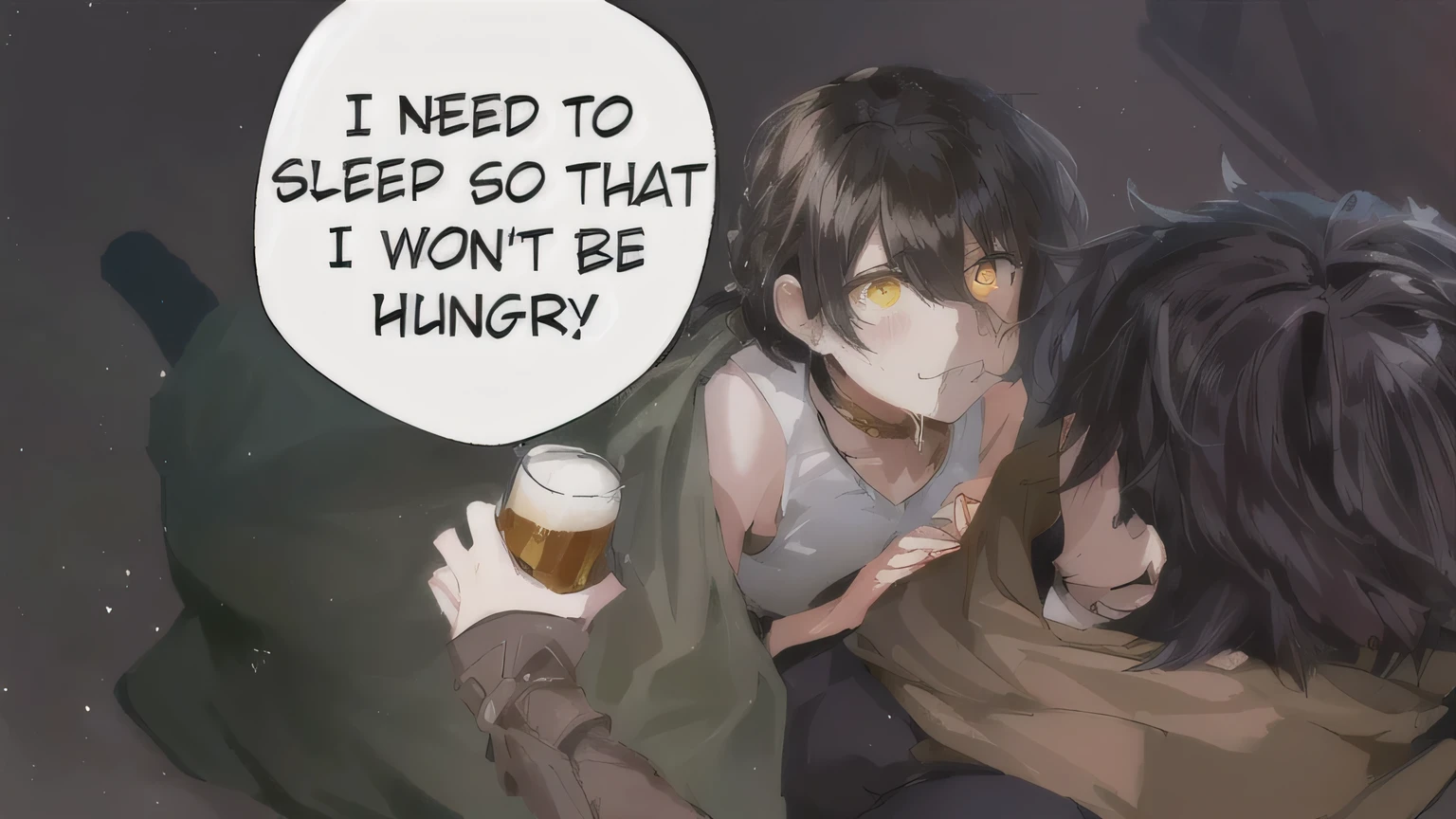 anime - style picture of a couple of people with a beer, eren yeager, hungry, kawacy, from girls frontline, from attack on titan, about to consume you, eren jaeger, you being dragon food, hunger, from cryptid academia, hagrid in cute anime style, artwork in the style of guweiz, isekai manga panel