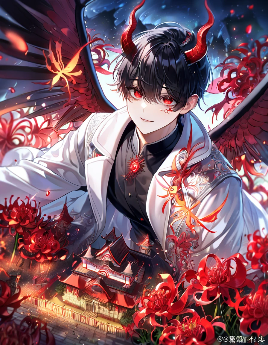 absurdres, highres, ultra detailed, HDR, master piece, best quality, detailed eyes, extremely detailed, delicated features, Kim Dokja, black hair, expressive red eyes, Omniscient Reader's Viewpoint, solo, sexy man, handsome, smile, demon, black wings, horns, white coat, black shirt, magical, fantasy, red spider lilies, red glittering dragonflies, red lanterns, traditional castle, red trees, envy magical