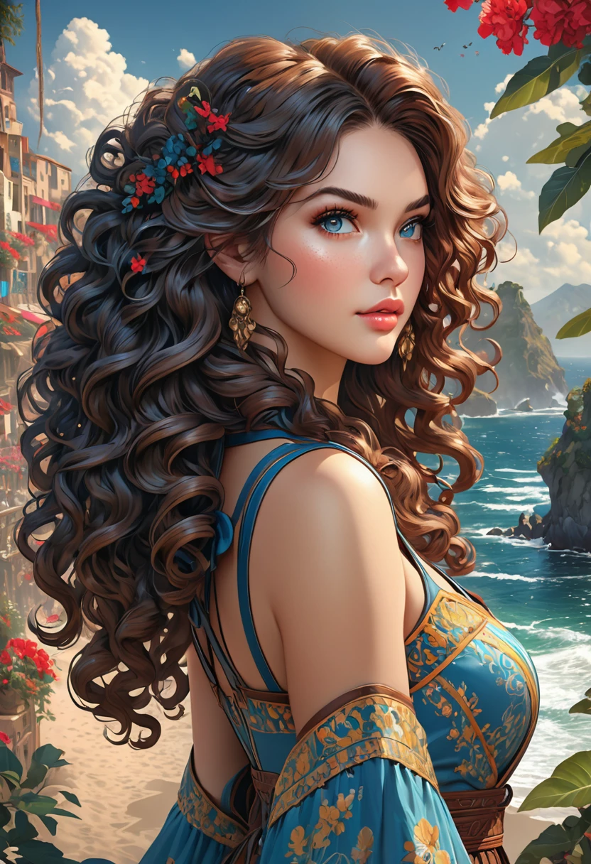 Beautiful boho women with hair that is coarse, wiry, and tightly curled. It often has a rough texture, feels stiff to the touch, and may be prone to frizz and tangling. The curls can be densely packed. beauty mark. The Official Art – An Award-Winning Digital Masterpiece In 4K Ultra HD, Extreme Detail And Intricate Realism. This Concept Art Brought To Life By The Hands Of Artists Like Wlop & Artgerm In A Stunning 2D Vector Illustration. Paige Renee Spiranac. LArge, perky, full, well shaped pleasing breasts. Background is a panoramic vista.