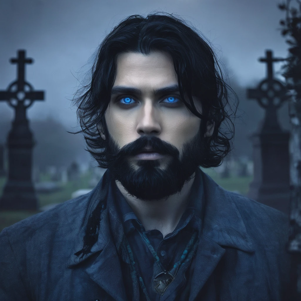 Book cover, a man, with blue eyes, with black hair, hair tied, with beard, cemetery in the background, dark, foggy, dark atmosphere