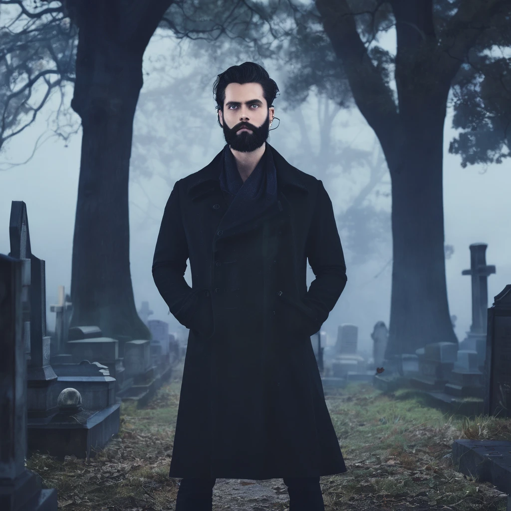 Book cover, a man, with blue eyes, with black hair, hair tied, with beard, cemetery in the background, dark, foggy, dark atmosphere