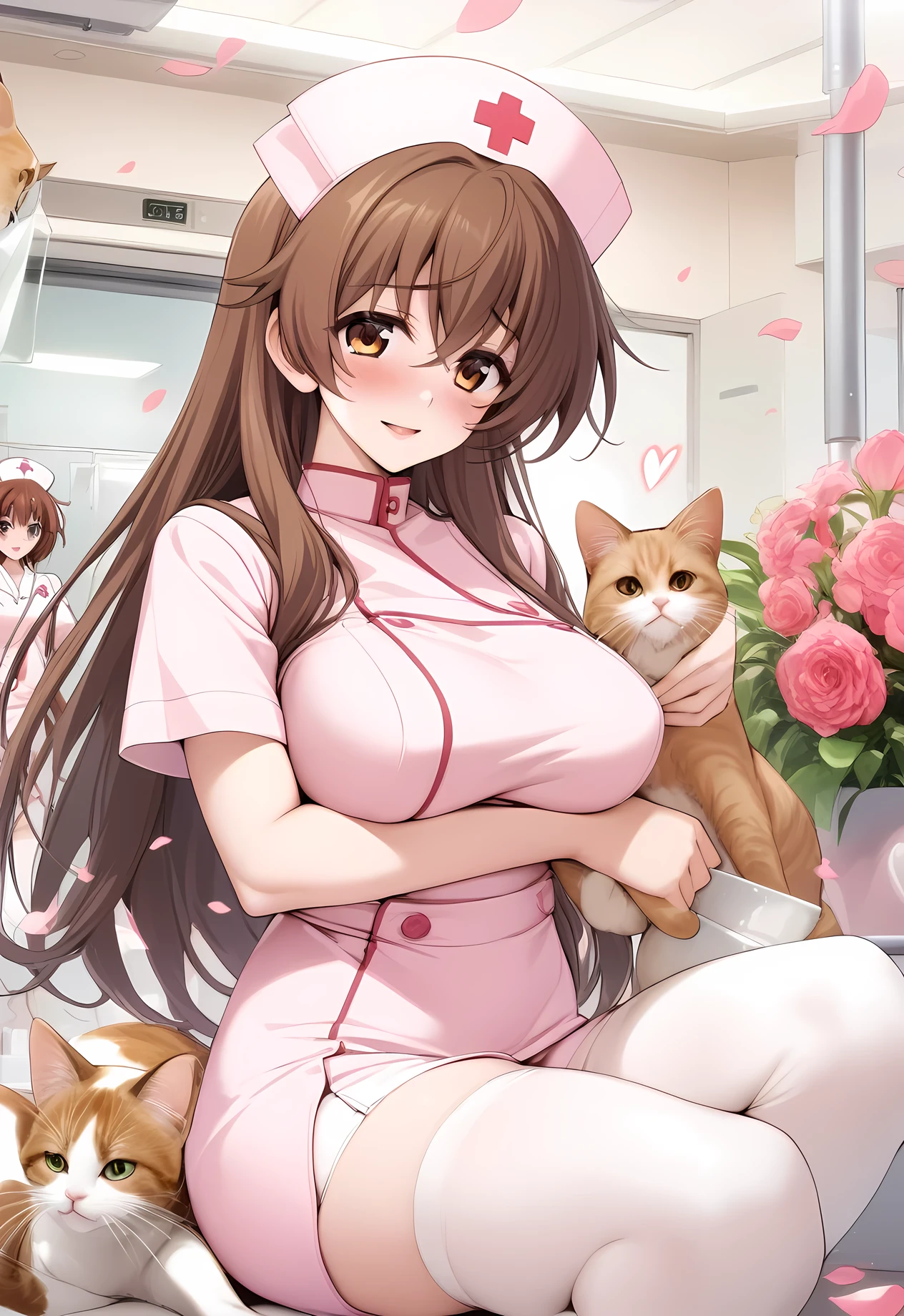 masterpiece, best quality, very aesthetic, absurdres, 1girl, mature_lady,nurse_clothes, nurse_hat,heart,holding a cat,,indoors,in animal hospital,,yuuki_mikan( to_love-ru), to_love-ru, 1girl, orange_eyes,long_hair,  brown_hair, hair_ornament,,surrounding by flowers,falling_petals, petals,,