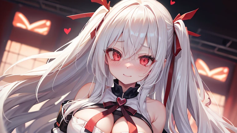 1girl,long white hair,Red eyes,embarrassed,heart-shaped eyes,Yandere,close-up eye, crazy smile, ultra detailed eyes,Long Straight Hair,Sultry Look,big breasts,Casual Tee,Shyly-blushing,embarrassed,Cradling breasts with both hands.,from below,blurry background