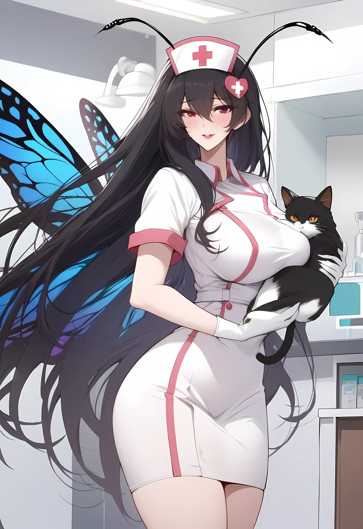 masterpiece, best quality, very aesthetic, absurdres, 1girl, mature_lady,nurse_clothes, nurse_hat,heart,holding a cat,,indoors,in animal hospital,,kuroyukihime, accel_world, 1girl, antennae, black_hair, long_hair, very_long_hair, red_eyes, butterfly_wings, insect_wings, wings, hair_ornament,,floating_hair,