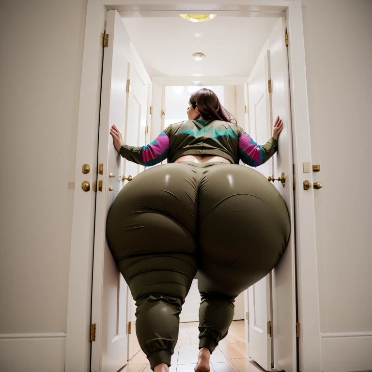 masterpiece, 1girl behind a doorway, from behind, (doorstuck, stuckback:1.3), ssbbw ,huge wide hips, round belly, thick thighs, giant butt,colorful clothing, wearing a olive green suit and tie and formal pants, upset, desperately trying to wiggle through, she tries to free herself but she won't budge, she is stuck tight view from behind, she is too wide, the doorway is quite narrow too, she kicks her legs furiously, trying to wiggle her hips through the small door, but its no good, the door is too small, she keeps trying to squeeze through with frustration, she is stuck too tight