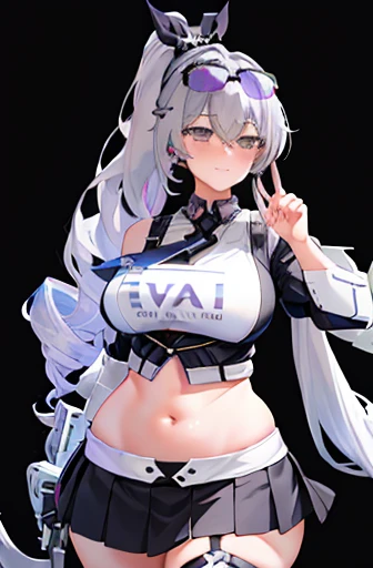 silver wolf, honkai star rail, 1 girl, standing alone, purple glasses on head, seaman uniform, top cut, show stomach, black thicc thighs, breastsout, neckleace, simple background, open air, pleatedskirt, hair between the eyes, large breastsout, long hair, looking ahead at viewer, silver hair, standing alone, thicc thighs, thicc thighs, long hair, ponytail hair, ((work of art)), standing, Piercing no umbigo, ear piercing, pose sexy, blush, shy, ssmile, show your teeth, White background, Detailed hand, beautiful finger,