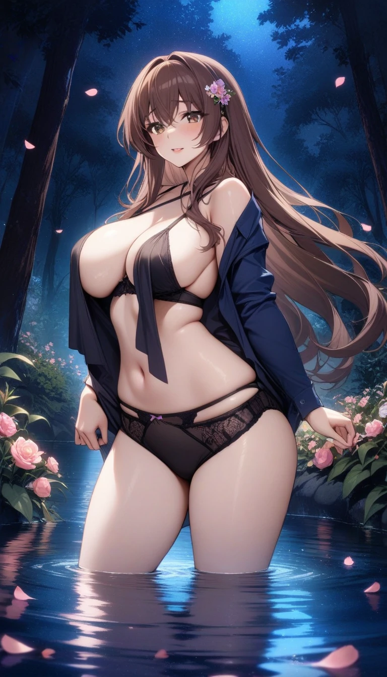 masterpiece, best quality, very aesthetic, absurdres, 1girl, mature_lady,1girl,taking_off_clothes,underwears,,Mikan Yuuki, brown eyes, brown hair, hair ornament,long hair,,besides a blue lake, night sky,stars,forest,Reflections in the water,,surrounding by flowers,falling_petals, petals,,