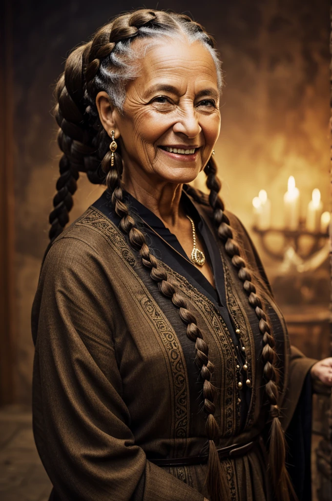 Dark fantasy of a happy older lady with braids. 