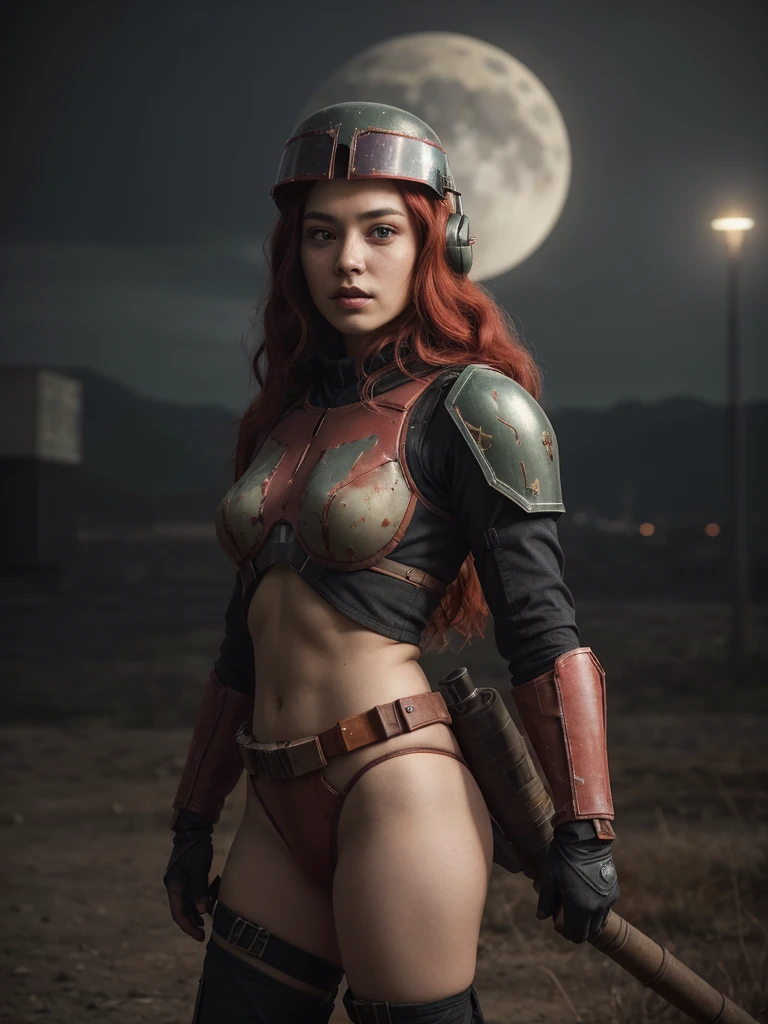 a 20-year-old sexy young girl with long red hair, dressed as Boba Fett from Star Wars, only wearing the Boba Fett helmet, a sexy underwear of two pieces,cinematic lighting, dramatic pose, science fiction, dark atmosphere, moody, vibrant colors, photorealistic, 8k, best quality, (masterpiece:1.2), ultra-detailed, (realistic:1.37), HDR, studio lighting, physically-based rendering, extreme detail description, vivid colors,full body shot