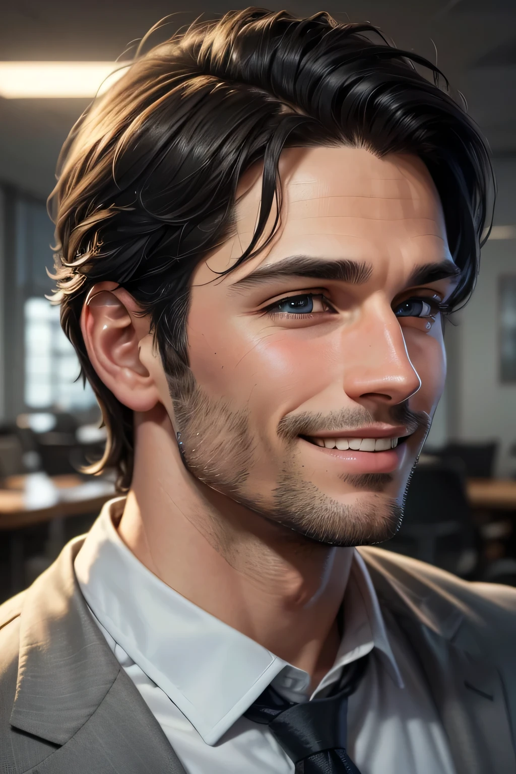 (best quality,4k,8k,highres,masterpiece:1.2),ultra-detailed,(realistic,photorealistic,photo-realistic:1.37),1 man,31 years old,mature man,very handsome,without expression,smile,short grey black hair,blue eyes,penetrating gaze,perfect face without errors,imposing posture,businessman,office background,cinematic lighting,hdr image. The face of a man with light stubble and bangs smiling in 3D. Let this face be shown in 3 views: front, back, left profile, right profile