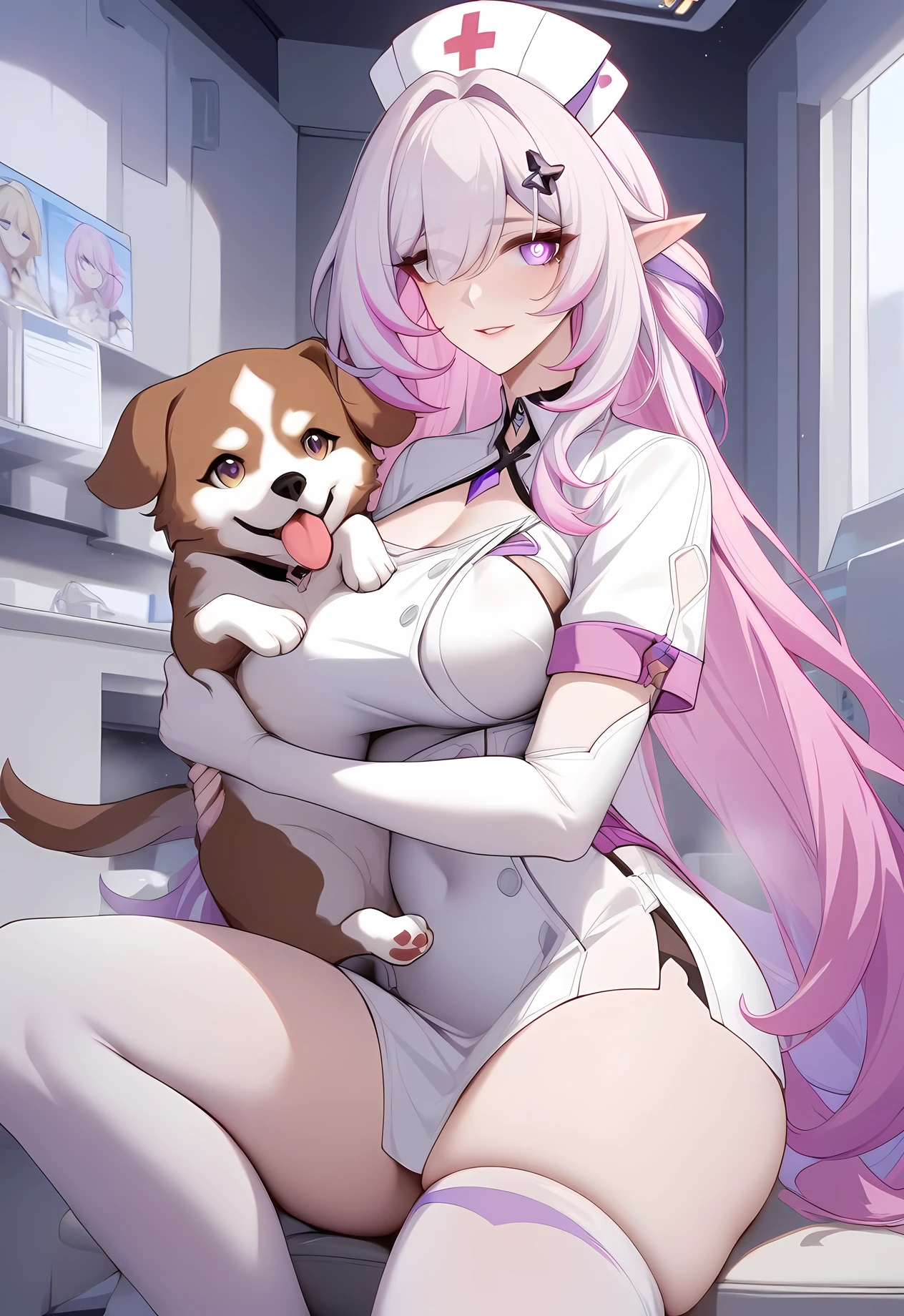 masterpiece, best quality, very aesthetic, absurdres, 1girl, mature_lady,nurse_clothes, nurse_hat,heart,holding a dog,,indoors,in animal hospital,,elysia_(honkai_impact), honkai_(series), honkai_impact_3rd, elysia_(herrscher_of_human:ego)_(honkai_impact), 1girl, elbow_gloves, elf, hair_between_eyes, hair_ornament, multicolored_hair, pink_hair, pink_pupils, pointy_ears, purple_eyes, two-tone_hair,,floating_clothes,