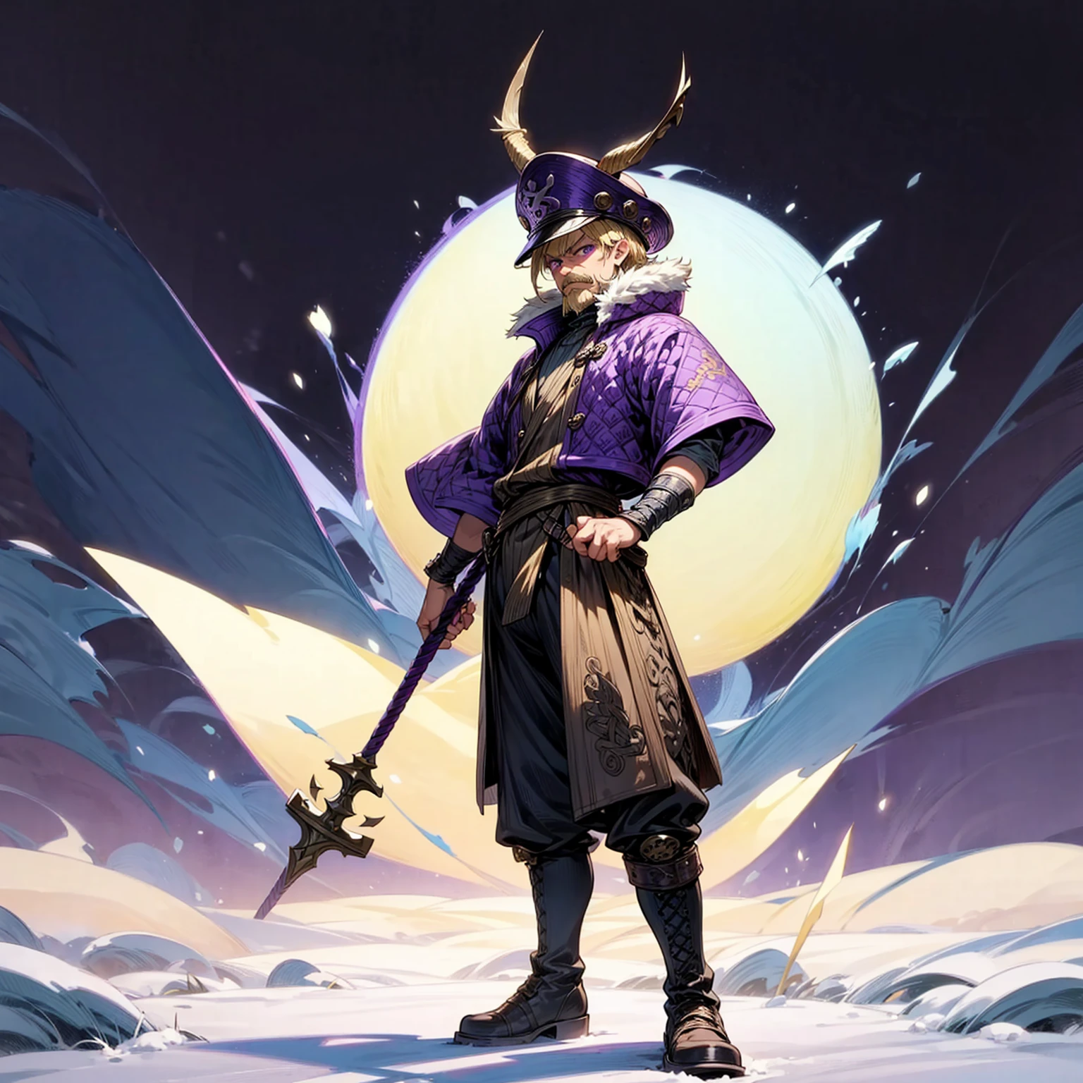 Grassroot, Full body version, solo, boy, muscle, Moustache, purple eyes, blonde hair, short hairstyle, Vikings style clothing, boots, Vikings helmets, full background in field snow, (one piece style art), standing gesture, angry eyes
