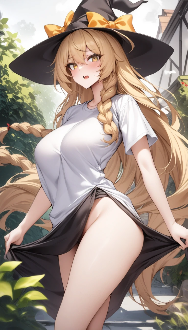 masterpiece, best quality, very aesthetic, absurdres, 1girl, mature_lady,taking_off_clothes,t-shirt,,touhou, kirisame_marisa, blonde_hair, eyelashes, hair_between_eyes, hair_bow, long_hair, sidelocks, single_braid, very_long_hair, yellow_eyes, black_hat, hat, hat_bow, witch_hat,,in garden,floating_hair,