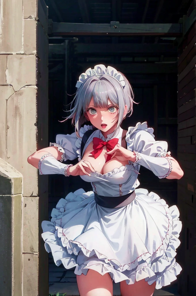 masterpiece, best quality, illustration, fighting pose, 1girl, noelle genshin impact, short silver hair, green eyes, maid skirt with red side parts, maid knight, maid knight armor, castle bridge, water,