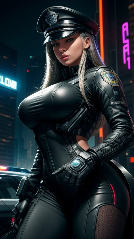 Maximum image quality,outstanding details,Borg,The cyborg police of the future,Wear a futuristic transparent sexy SWAT uniform..,an eye is a camera, cyborg,short skirt,She stood in front of the police car...,heavy body,Sexy and robust,Detailed abs,Detailed muscle lines,dynamic poses,the night,Future city street view background,Neon light,sense of science and technology,future technology,Very detailed cyberpunk style...,cyber punk character,Highly detailed police uniforms...,Highly detailed police cap...,Police badge,wear police cap,Very detailed weapons,The weapon of the future,intercom,wireless devices,Very detailed handcuffs...,Very detailed police equipment...,Highly detailed police car...,Future police car,Facade,Full body photo,Look from the bottom up,look from below, I look at the viewer,Locks