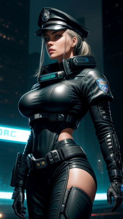 Maximum image quality，outstanding details，Borg，The cyborg police of the future，Wear a futuristic transparent sexy SWAT uniform..，an eye is a camera, cyborg,short skirt，She stood in front of the police car...，heavy body，Sexy and robust，Detailed abs，Detailed muscle lines，dynamic poses，the night，Future city street view background，Neon light，sense of science and technology，future technology，Very detailed cyberpunk style...，cyber punk character，Highly detailed police uniforms...，Highly detailed police cap...，Police badge，wear police cap，Very detailed weapons，The weapon of the future，intercom，wireless devices，Very detailed handcuffs...，Very detailed police equipment...，Highly detailed police car...，Future police car，Facade，Full body photo，Look from the bottom up，look from below, I look at the viewer，Locks