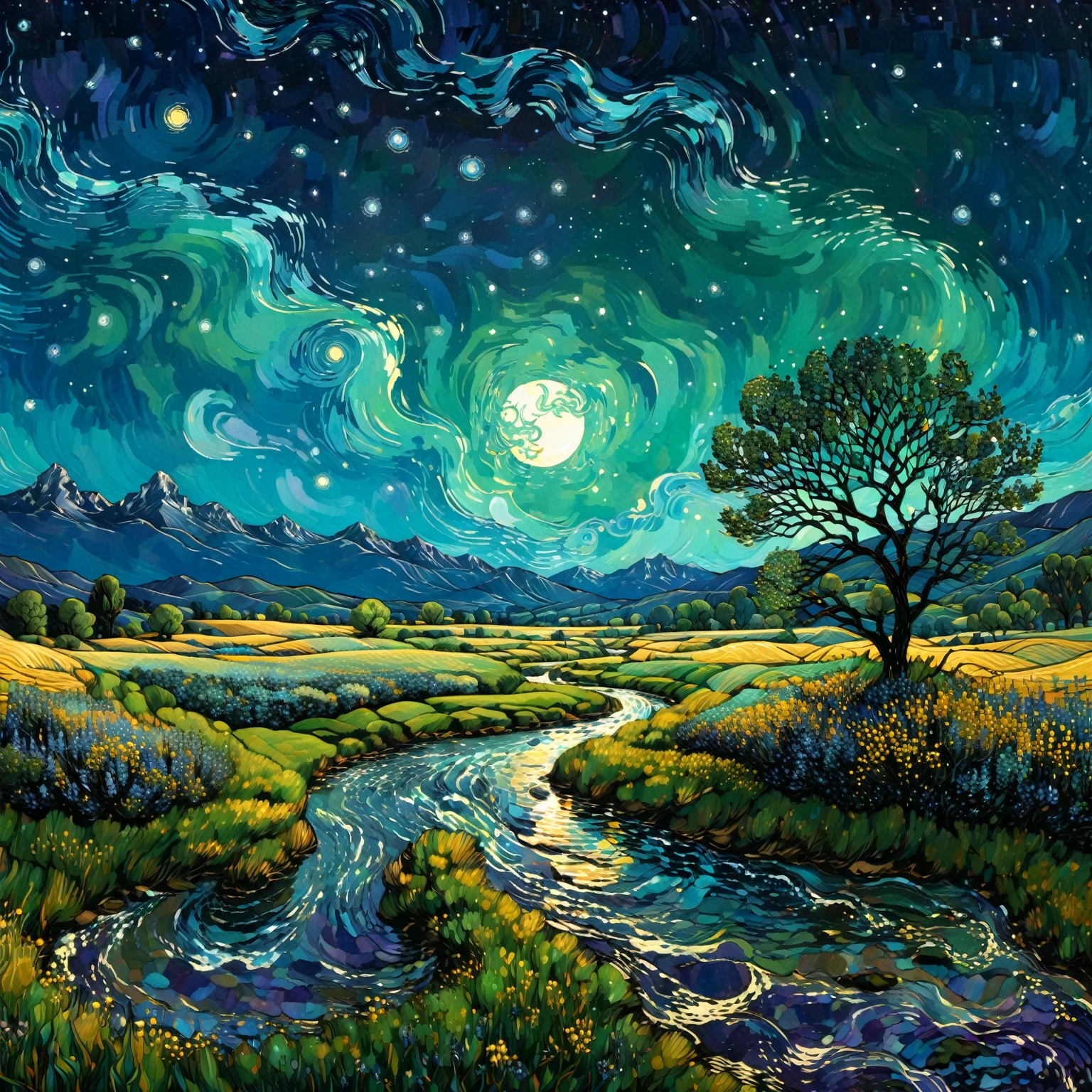 Art by James R. Eads, Swirling and flowing lines define the vivid landscapes and sky, drawing inspiration from Van Gogh's Starry Night. each piece appears as a vision or a dream with psychedelic colors and a sense of movement that suggests a connection to the spiritual or metaphysical world. the style is heavily influenced by the natural world and uses bright and contrasting colors to add depth and emotion. by Satori Canton