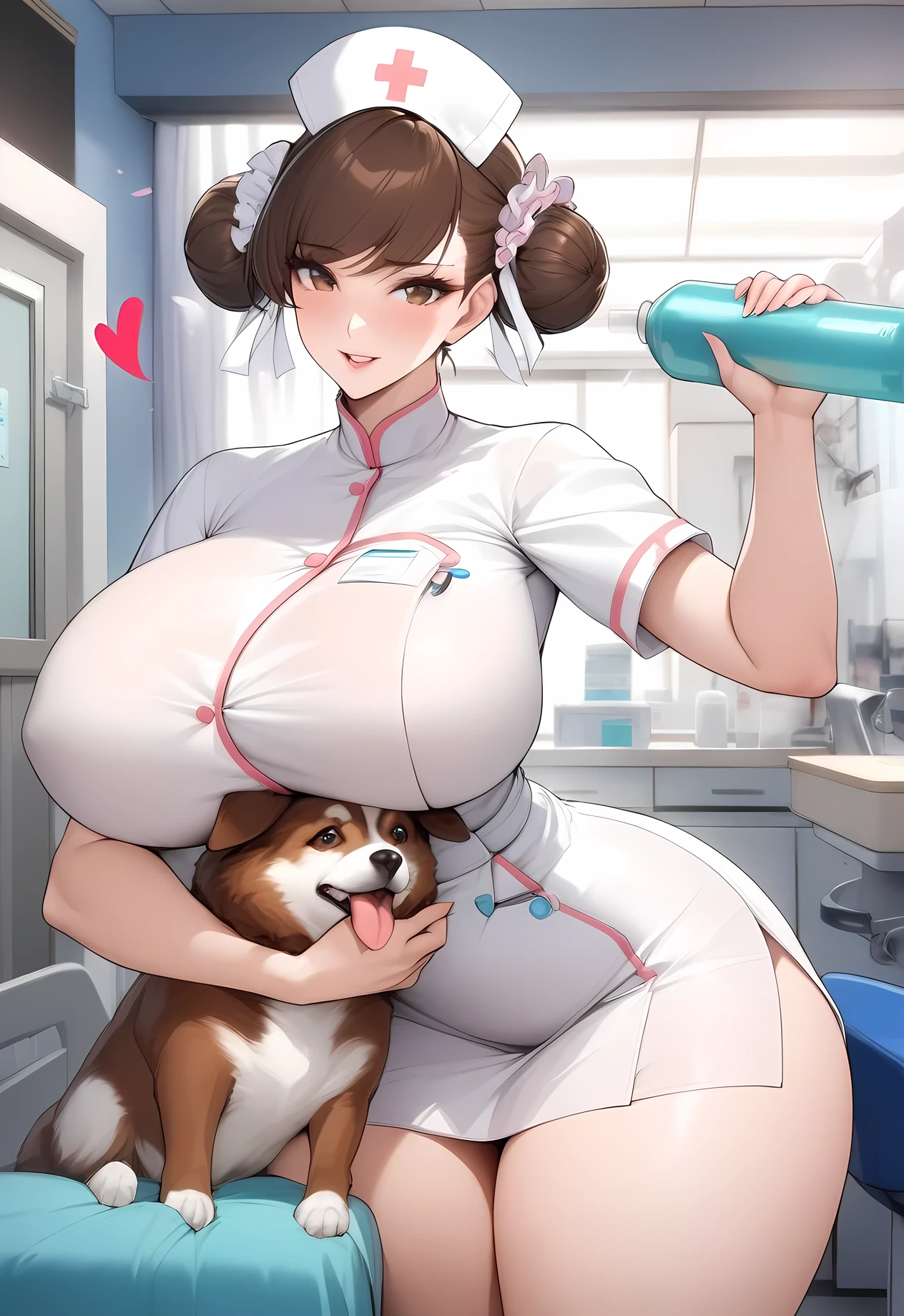 masterpiece, best quality, very aesthetic, absurdres, 1girl, mature_lady,nurse_clothes, nurse_hat,heart,holding a dog,,indoors,in animal hospital,,chun_li(street_fighter),1girl,brown_eyes,short_hair, brown_hair,swept_bangs, bun_cover, double_bun, hair_bun, thick_thighs, large_breasts,,floating_hair,