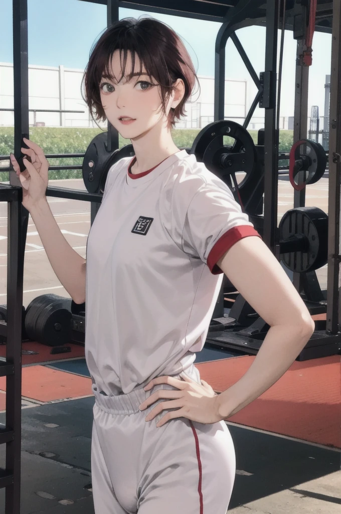 masterpiece, best quality, highres,30-year-old,Sexy pose,Unusually beautiful and large eyes,A well-balanced and toned body,hanazawakana, buruma,gym uniform,outdoors,standing, cowboy shot,