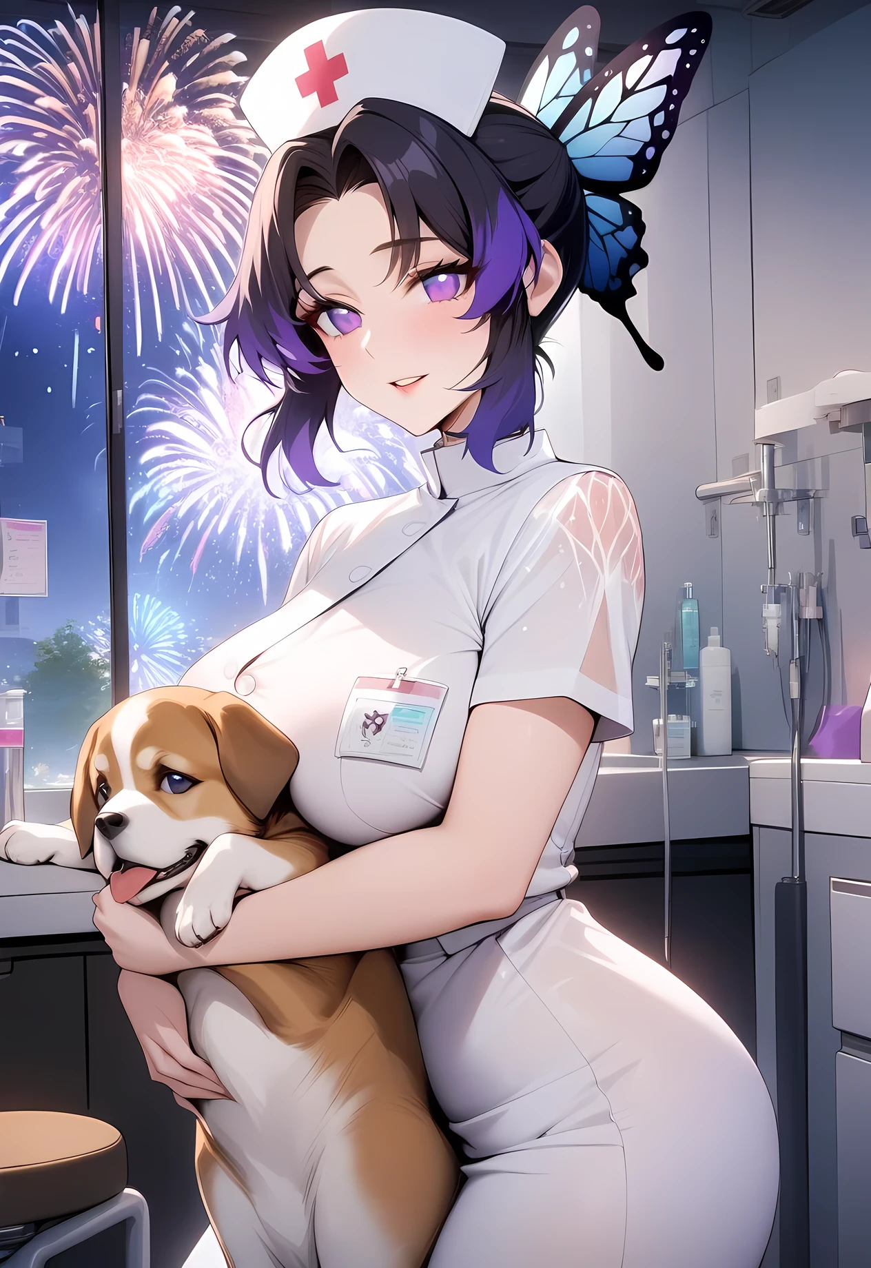 masterpiece, best quality, very aesthetic, absurdres, 1girl, mature_lady,nurse_clothes, nurse_hat,heart,holding a dog,,indoors,in animal hospital,,Kochou Shinobu, Decorate hair with a butterfly, violet eyes, multi-colored hair, Short hair, Parted bangs,,gorgeous Fireworks in sky,