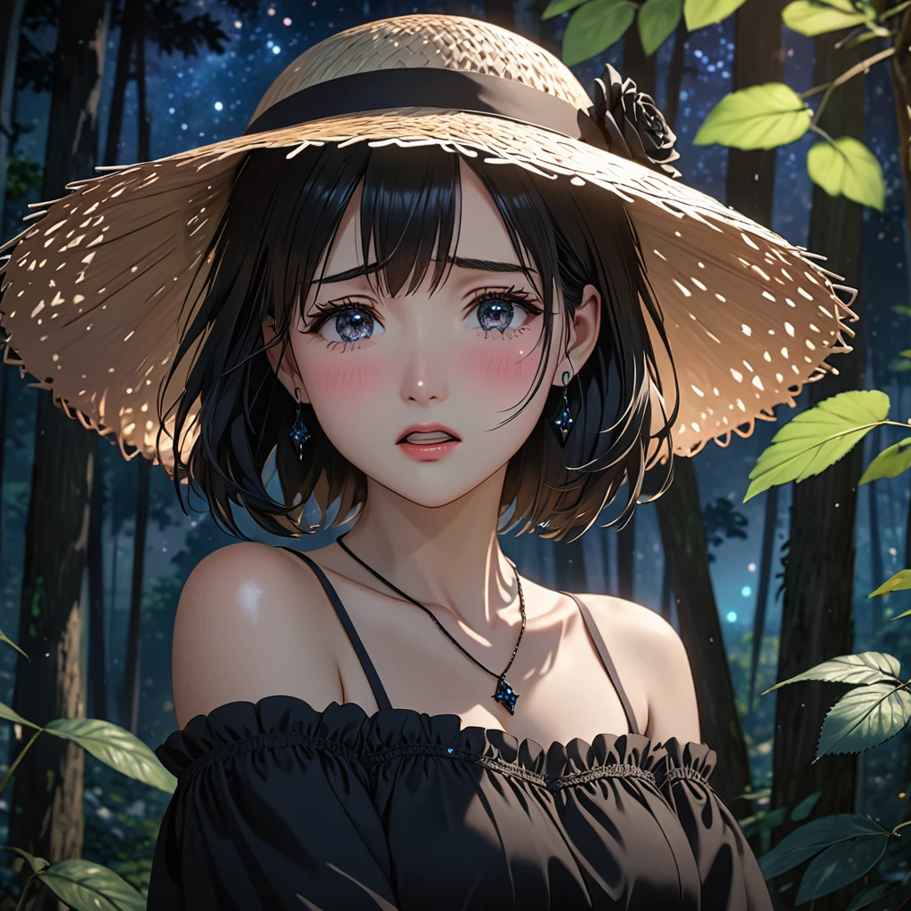National Science Foundation,masterpiece,High resolution,8k,Art,digit,Three-dimensional,Realism,Kyoto Animation Style,your name movie style,looking into camera,cute,In the silent dark forest,(1 girl: 1.3),(alone: 1.4),(Gorgeous black off-the-shoulder dress),Put your hands behind your head,Black Rose Summer Sunshade Straw Hat,Black crystal necklace,Black crystal earrings,Black hair,Long eyelashes,Slender legs,Short Bob,Close-up of upper body,Close-up,(A Closer Look),Eyes as deep as the starry sky,shy,blush,pain,sad,sad,cry,Tears,open mouth