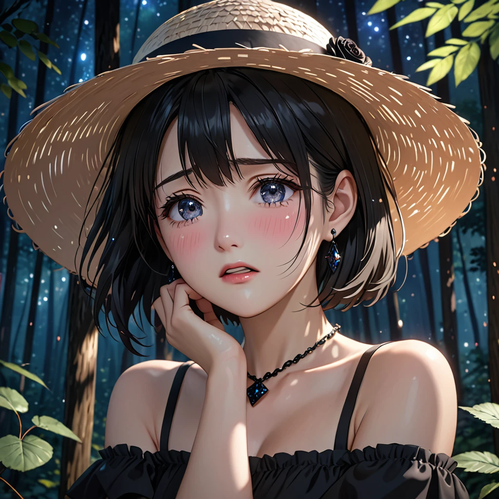 National Science Foundation,masterpiece,High resolution,8k,Art,digit,Three-dimensional,Realism,Kyoto Animation Style,your name movie style,looking into camera,cute,In the silent dark forest,(1 girl: 1.3),(alone: 1.4),(Gorgeous black off-the-shoulder dress),Put your hands behind your head,Black Rose Summer Sunshade Straw Hat,Black crystal necklace,Black crystal earrings,Black hair,Long eyelashes,Slender legs,Short Bob,Close-up of upper body,Close-up,(A Closer Look),Eyes as deep as the starry sky,shy,blush,pain,sad,sad,cry,Tears,open mouth