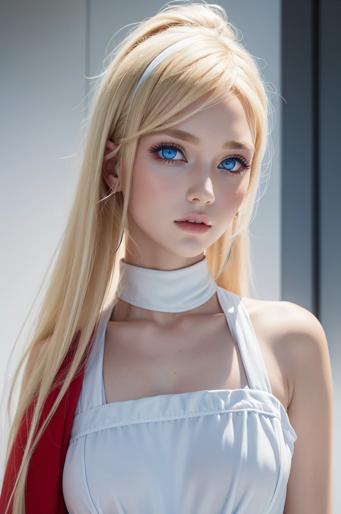 A woman with blonde hair, blue eye, white dress mixed with red. She's from medieval times