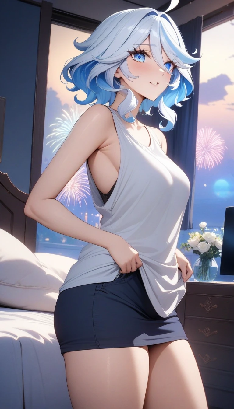 (extremely delicate and beautiful:1.2),1girl, bangs, blue eyes, blurry background, short hair, blue hair, open mouth, lips, parted lips, from front, lantern, light particles, evening gown, dress, necklace, earrings, jewelry, sleeveless, bare shoulders, looking at viewer, night, solo, medium full shot, smile,red lips, medium breasts, mer1, one arm up, armpit, arm behind head