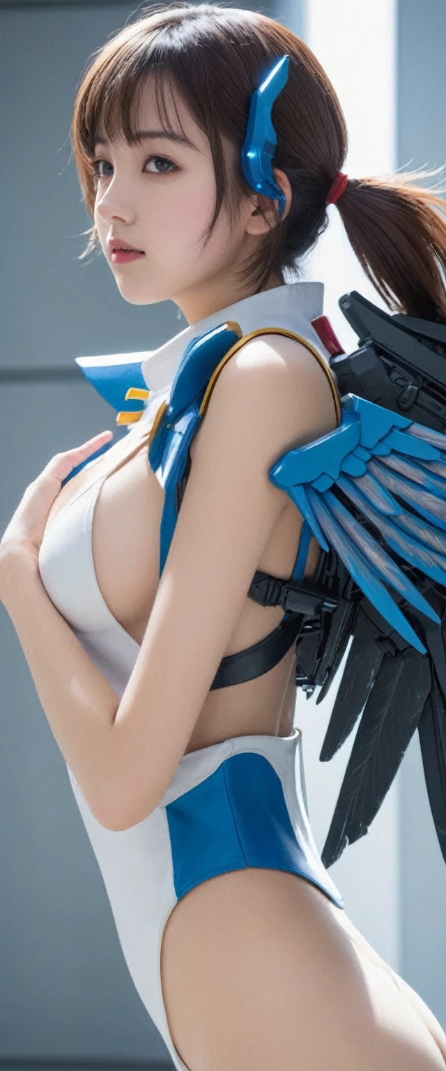 quality, detailed, The girl is the ultimate weapon,The girl is a cyborg,the girl has the Youna flight wings with jet unit from Mobile Suit Gundam attached to the girl's back, The girl attacks her enemies by spraying  from the tip of her each breast,