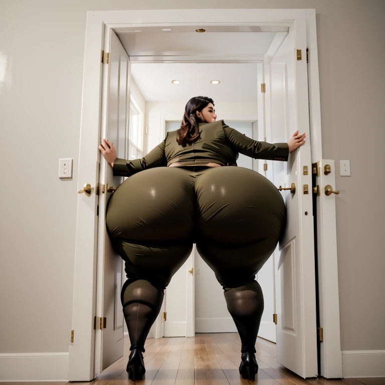 masterpiece, 1girl behind a doorway, from behind, (doorstuck, stuckback:1.3), ssbbw ,huge wide hips, round belly, thick thighs, giant butt,colorful clothing, wearing a olive green suit and tie and formal pants, upset, desperately trying to wiggle through, she tries to free herself but she won't budge, she is stuck tight view from behind, she is too wide, the doorway is quite narrow too, she kicks her legs furiously, trying to wiggle her hips through the small door, but its no good, the door is too small, she keeps trying to squeeze through with frustration, she is stuck too tight