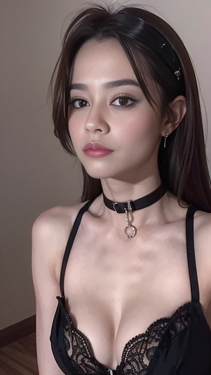 best quality,tmasterpiece,A high resolution,1girl,Floral bra set,hair adornments,choker necklace,jewelry,beautiful face,dingdall effect,realistic, lying,dark studio,edge lit,two tone lighting,(high detail skin:1.2),8k uhd, dslr, soft lighting, high high quality, volumetric light, sneak shot, photore, A high resolution, 4k, 8k, Background bokeh,