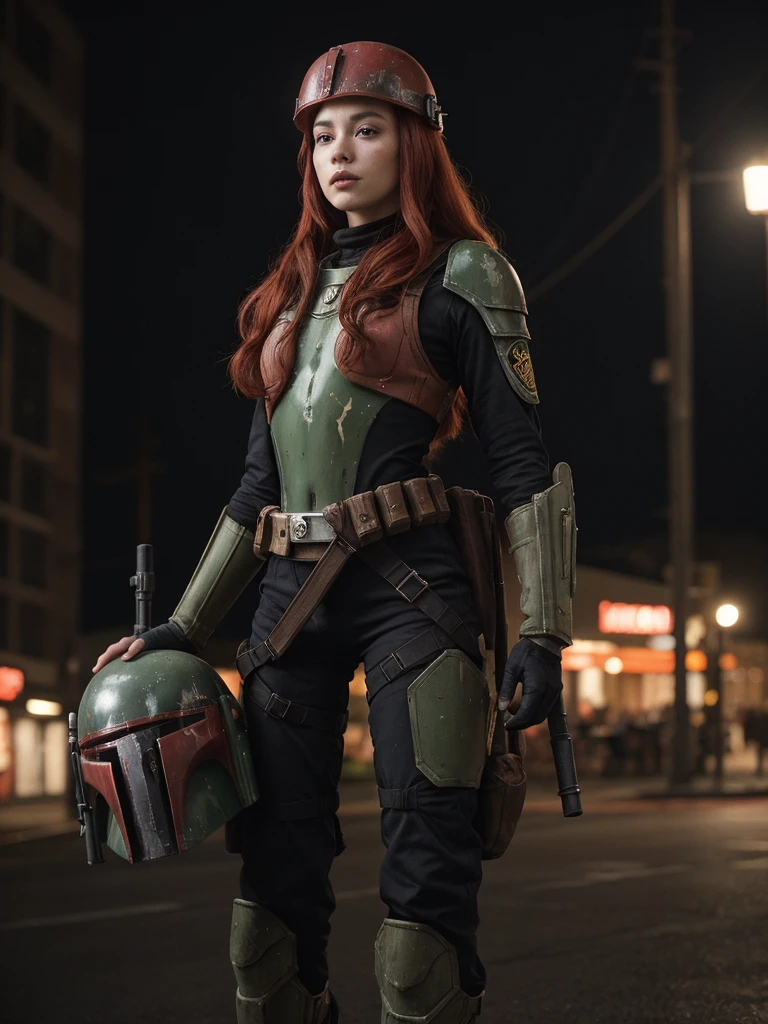 a 20-year-old sexy young girl with long red hair, dressed as Boba Fett from Star Wars, only wearing the Boba Fett helmet, a sexy underwear of two pieces,cinematic lighting, dramatic pose, science fiction, dark atmosphere, moody, vibrant colors, photorealistic, 8k, best quality, (masterpiece:1.2), ultra-detailed, (realistic:1.37), HDR, studio lighting, physically-based rendering, extreme detail description, vivid colors,full body shot