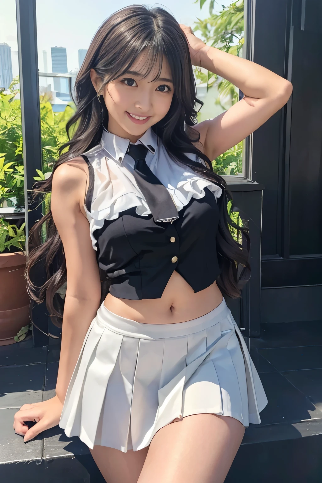 photorealistic, masterpiece, high resolution, detailed, (1 girl, rika shiraki, white sleeveless blouse, platinum black long wavy hair, smile, navel, skirt covering thighs, from knee to head, ), 