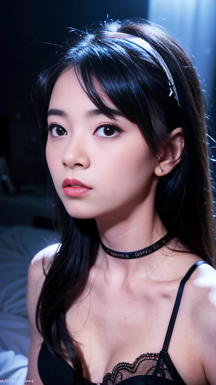 best quality,tmasterpiece,A high resolution,1girl,Floral bra set,hair adornments,choker necklace,jewelry,beautiful face,dingdall effect,realistic, lying,dark studio,edge lit,two tone lighting,(high detail skin:1.2),8k uhd, dslr, soft lighting, high high quality, volumetric light, sneak shot, photore, A high resolution, 4k, 8k, Background bokeh,