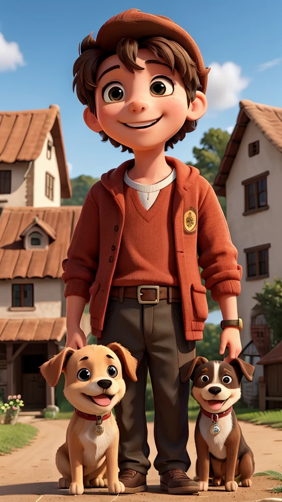 a happy boy, girl and dog in the village