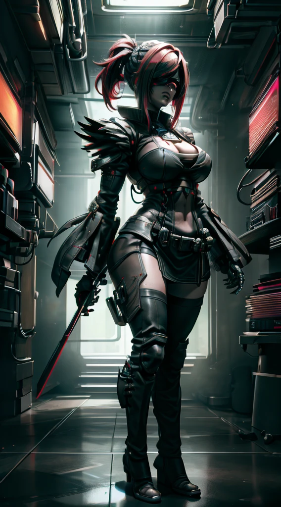 ((Best quality)), ((masterpiece)), (detailed:1.4), 3D, an image of a beautiful cyberpunk female,HDR (High Dynamic Range),Ray Tracing,NVIDIA RTX,Super-Resolution,Unreal 5,Subsurface scattering,PBR Texturing,Post-processing,Anisotropic Filtering,Depth-of-field,Maximum clarity and sharpness,Multi-layered textures,A 1 girl and Specular maps,Surface shading,Accurate simulation of light-material interaction,Perfect proportions,Octane Render,Two-tone lighting,Wide aperture,Low ISO,red balance,Rule of thirds,8K RAW, big tits(cleavage tits), red hair, black dark and red armor, glasses, red eyes, short hair, red and black color of weapon gun, serious look, black back cape