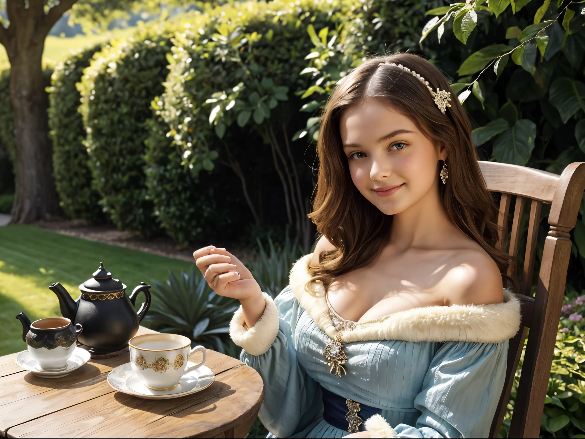 1girl, sitting on chair, outdoor, long messy dry hair, wearing a witch robe, a cup of tea and tea pot, on the silver platter, on the ornamental fancy end table, in the flower field, looking at viewer, beautiful aristocratic, elegant, old-fashioned, off-shoulder dress, fluffy animal fur, exudes sphistication and elegance, wholesome natural beauty, opulent victorian style, wide smile, wide eyes, striking sexy, rococo inspired, charming expressions, alluring gaze, dreamy garden, fluffy hair, realistic, photorealistic, large aperture, attractive, specular lighting, maximum quality, masterpiece, (yo, cute:1.3), (breasts:1.2),