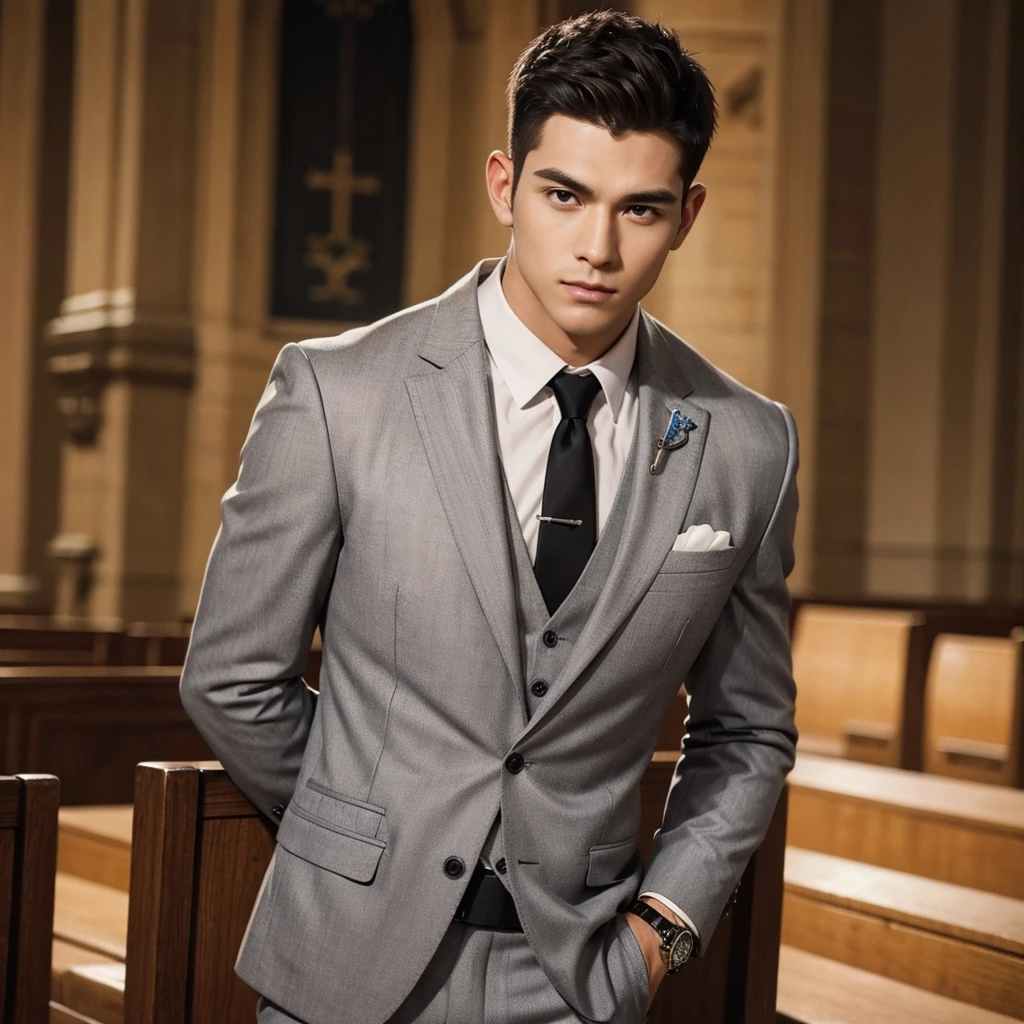 1man, crew cut, watch,
cowboy_shot,
Muscular Frame, looking at the viewer, necklace,
groom's formal wear,
church,