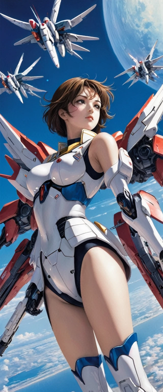 quality, detailed, The girl is the ultimate weapon,The girl is a cyborg,the girl has the Youna flight wings with jet unit from Mobile Suit Gundam attached to the girl's back, The girl attacks her enemies by spraying from the tip of her each breast,