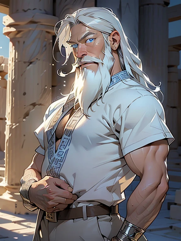 male, muscular, 1boy, big muscle, pectoral, muscular, Mature old man,65 year old man,adult,1 man, old macho man,perfect body,short hair,(((white very long beard, silver very long beard))),(((blue_eyes:1.3))),intricate eyes,beautiful detailed eyes,symmetrical eyes, white hair,perfect face,silver hair,messy hairstyle,perfect proportions,thicc,((detailed face)),expressive eyes,   


(dynamic pose:1.0),smiley,(centered,scale to fit dimensions,Rule of thirds),

inside,indoor,((room in a greek temple:1.3,columns of a greek temple:1.3)),scenery:1.25,((intricate scenery)),((winter decorations)),

(Glossy winter ornaments),highres,sharp focus,(ultra detailed,extremely detailed),(photorealistic artwork:1.37),(extremely detailed CG unity 8k wallpaper),(((vibrant colors,vibrant theme))),(intricate),(masterpiece),(best quality),
